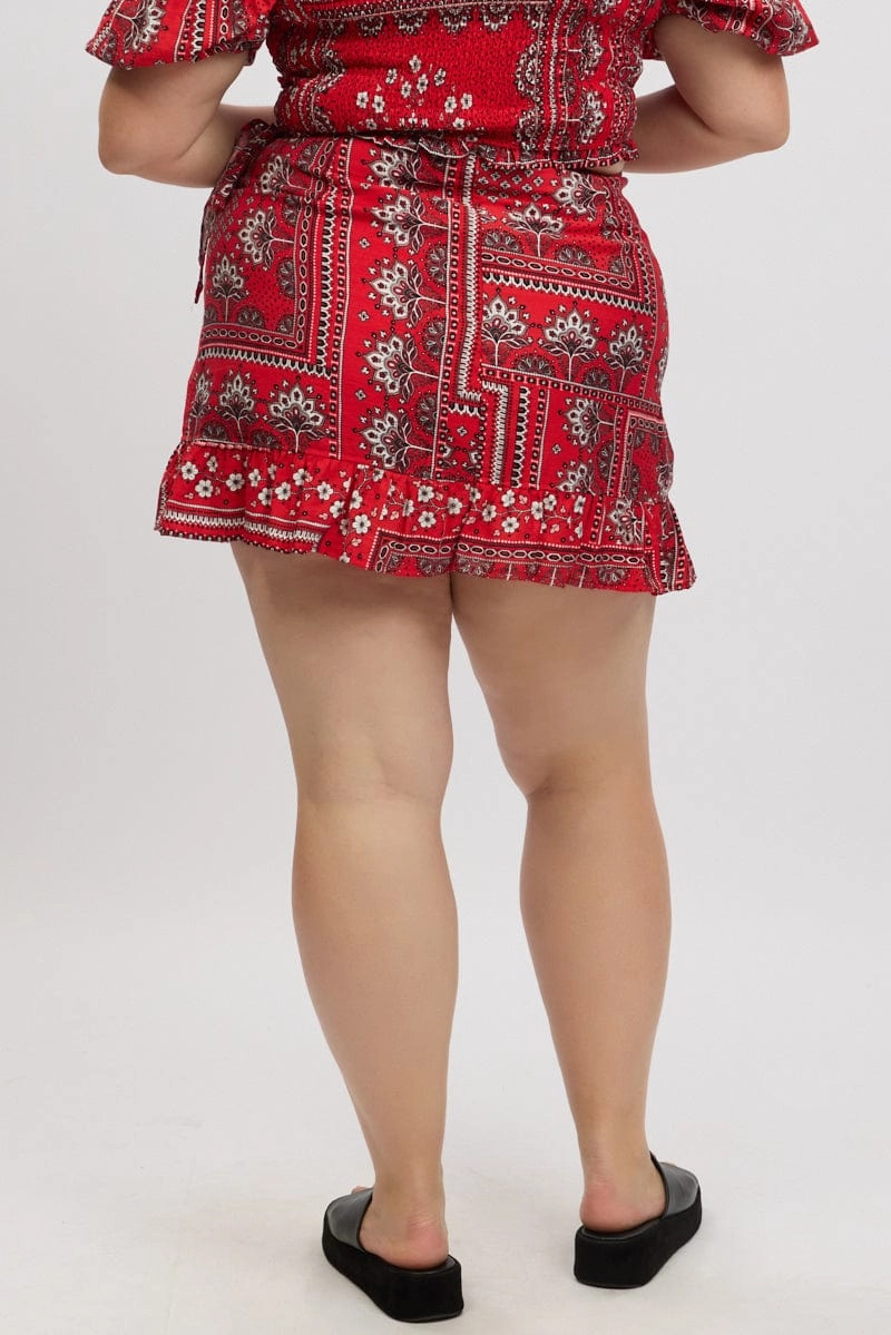 Faux Leather Fresh Texture Red Boho Frill Wrap Mini Skirt