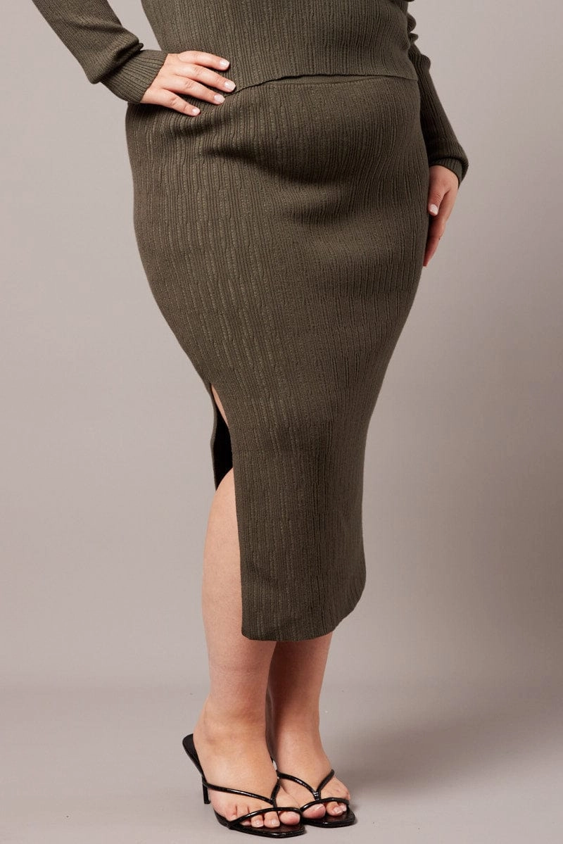 Shirred Back Green Rib Knit Midaxi Bodycon Skirt