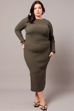 Green Rib Knit Midaxi Bodycon Skirt Linen blend