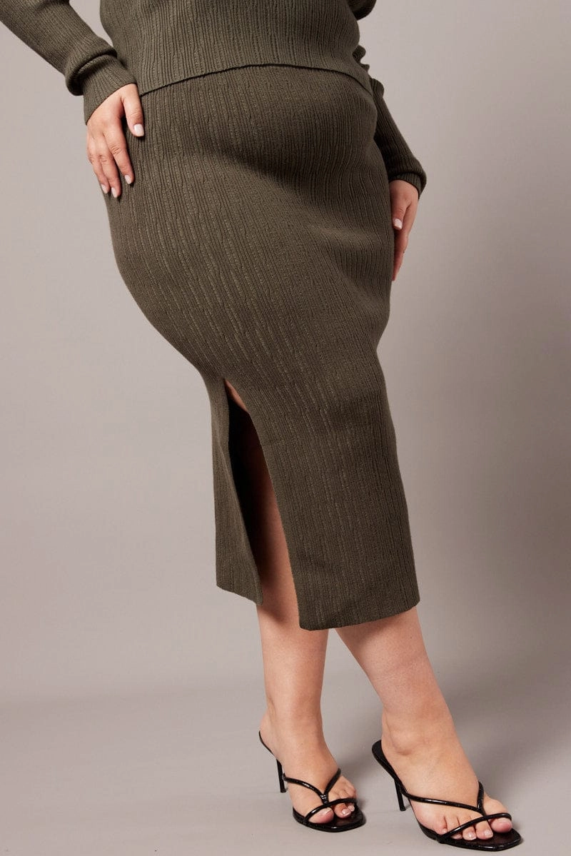 Green Rib Knit Midaxi Bodycon Skirt Elasticized Cuff Dance Practice