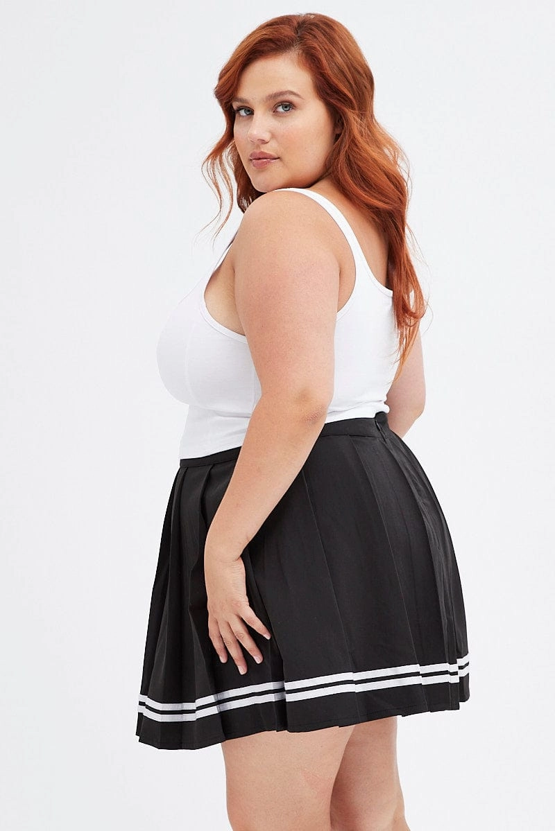 Black Tennis Skirt Mini Pleated Stripe Trim Velvet Finish