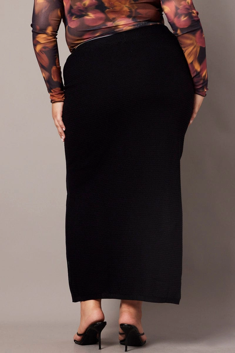 Runway Ready Black Double Split Knit Midi Skirt