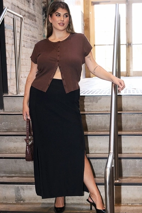 Hemp Blend Weekend Style Black Double Split Knit Midi Skirt