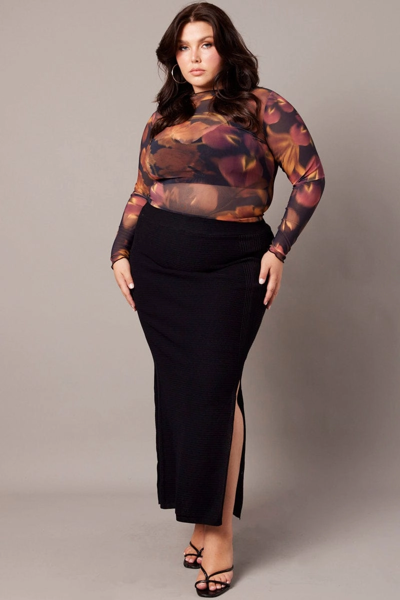 Light Mood Black Double Split Knit Midi Skirt