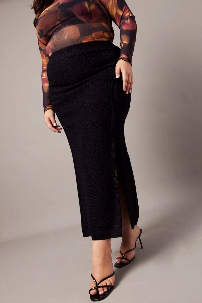 Black Double Split Knit Midi Skirt quick dry Elastic hemline