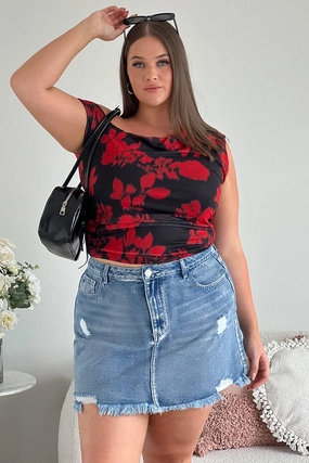 Breezy Style Wrap Front Denim Contrast Stitch Distressed Mini Skirt
