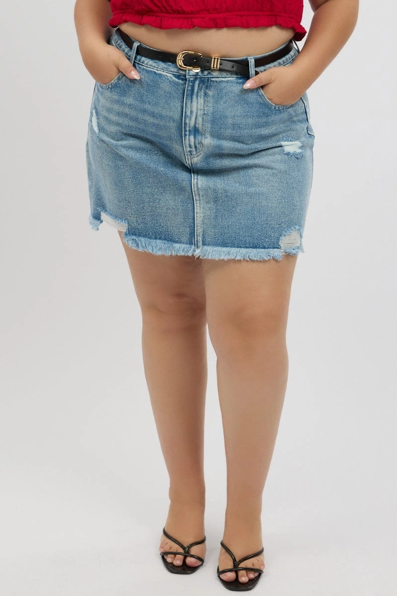 Denim Contrast Stitch Distressed Mini Skirt Tailored Cut