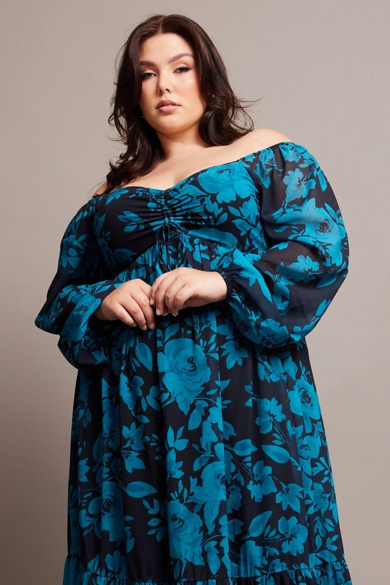 Black Floral Midi Dress Long Sleeve Ruched Front Flattering Shape