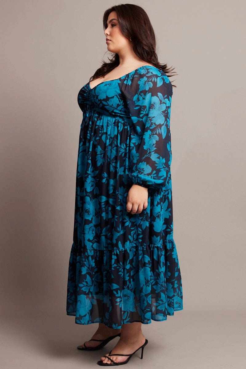 Timeless Appeal Black Floral Midi Dress Long Sleeve Ruched Front