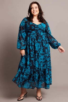 Black Floral Midi Dress Long Sleeve Ruched Front Flared-Hem Breezy Fit