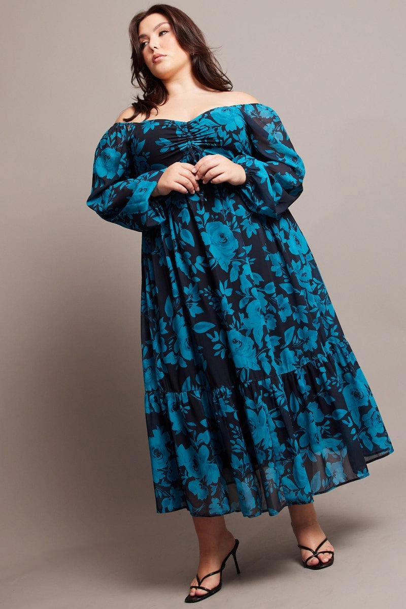 Black Floral Midi Dress Long Sleeve Ruched Front Slim-fit City Mood