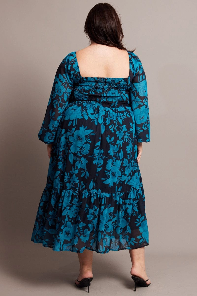 Urban Classic Effortless Fit Black Floral Midi Dress Long Sleeve Ruched Front