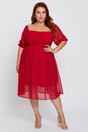 Brown 3/4 Sleeve Chiffon Flocked Midi Dress Sophisticated Edge