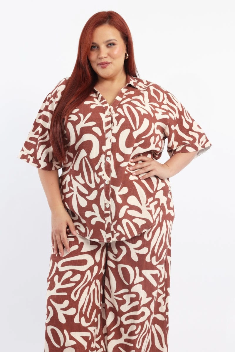 Brown Abstract Relaxed Shirt Short Sleeve Linen Blend Odor Control Fabric