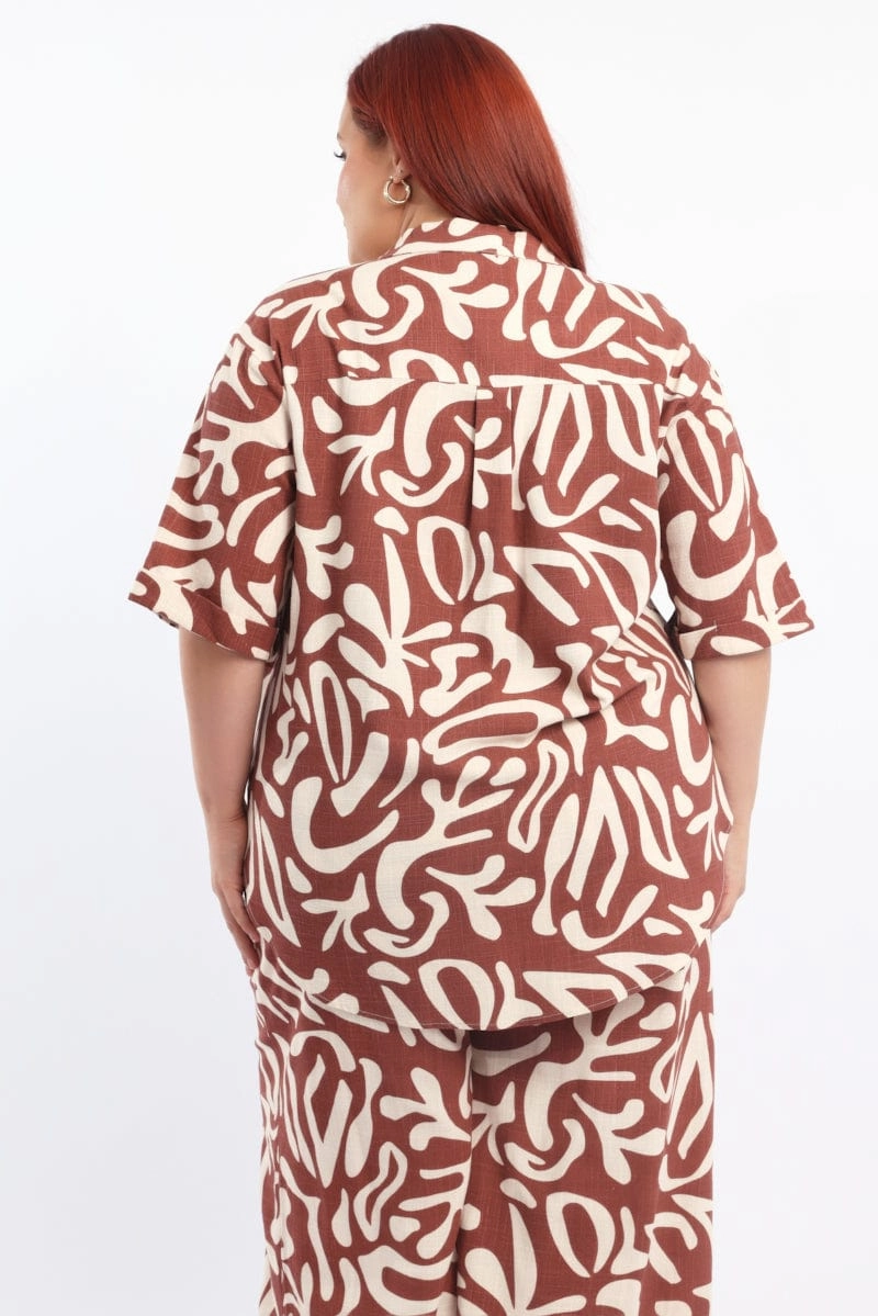 Linen blend Brown Abstract Relaxed Shirt Short Sleeve Linen Blend