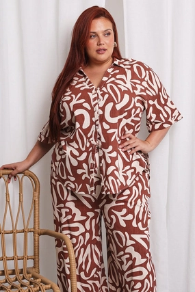 Brown Abstract Relaxed Shirt Short Sleeve Linen Blend Smart Look