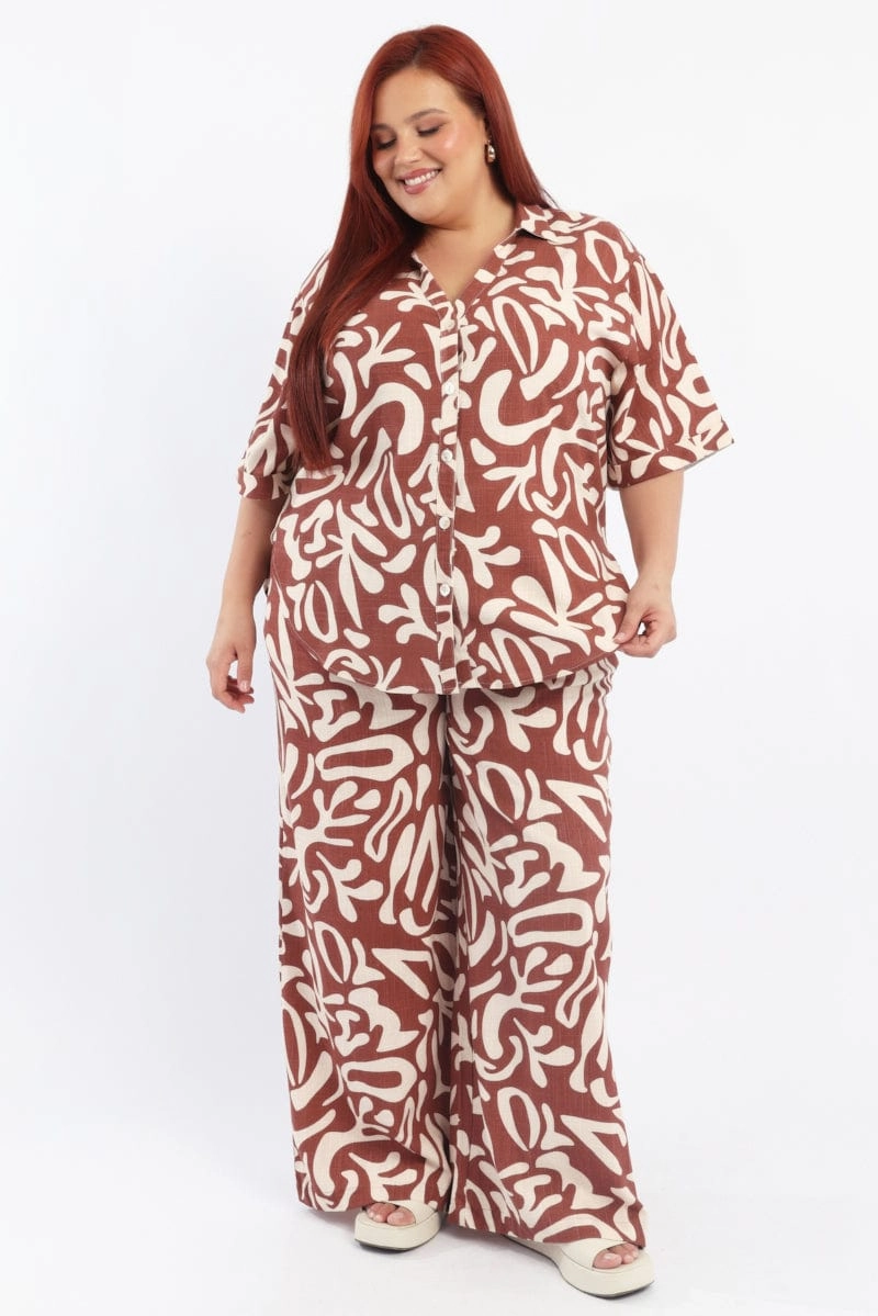 Contemporary Style birthday celebration Brown Abstract Relaxed Shirt Short Sleeve Linen Blend