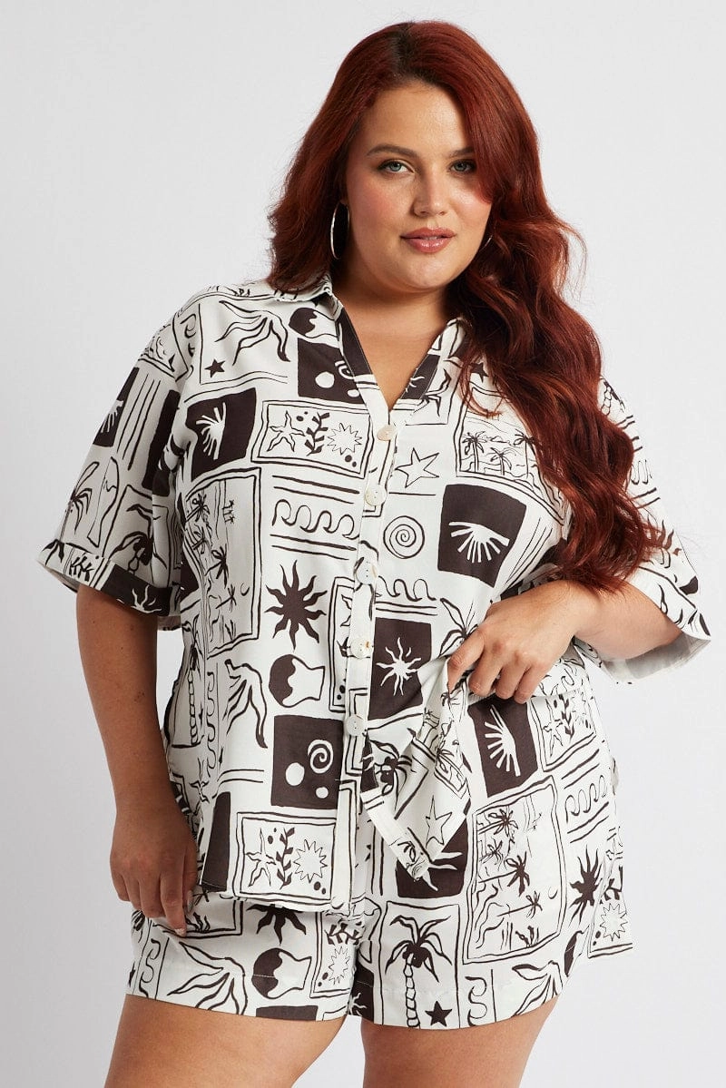Brown Abstract Relaxed Shirt Short Sleeve Contemporary Style Holiday Special