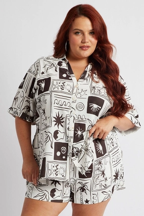 Brown Abstract Relaxed Shirt Short Sleeve Contemporary Style Holiday Special