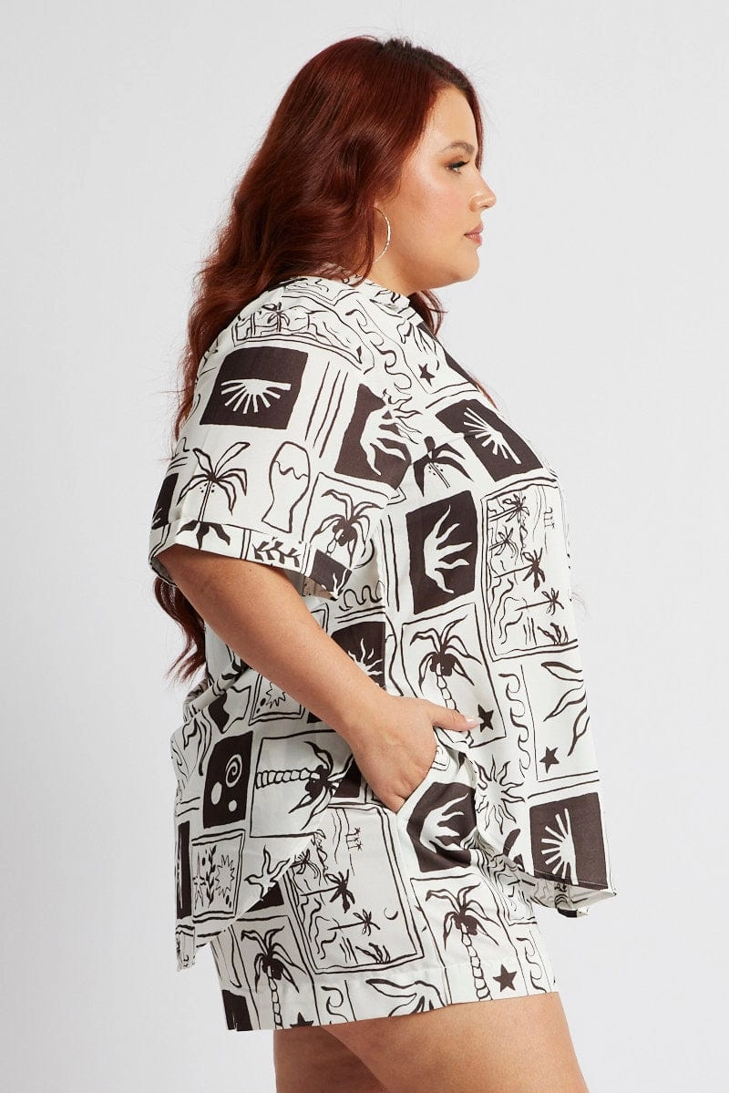 Brown Abstract Relaxed Shirt Short Sleeve Eco friendly materials