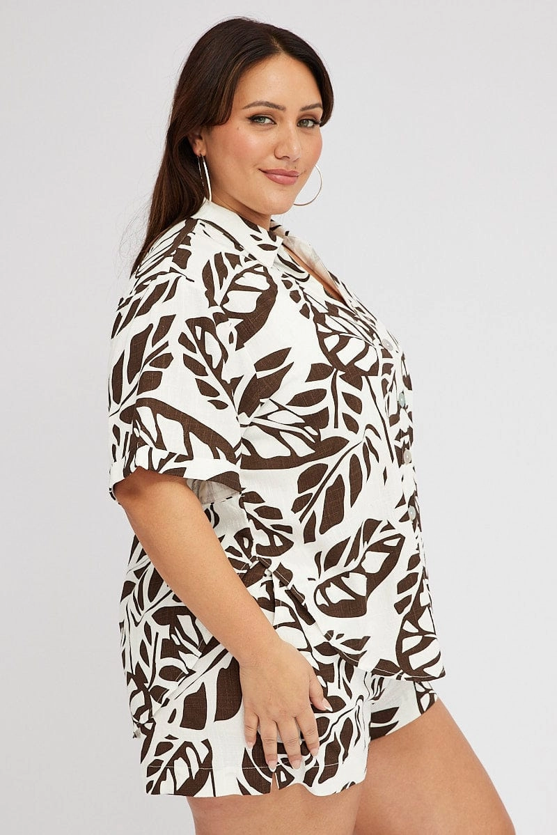 Brown Abstract Relaxed Shirt Short Sleeve Comfortable Fabric