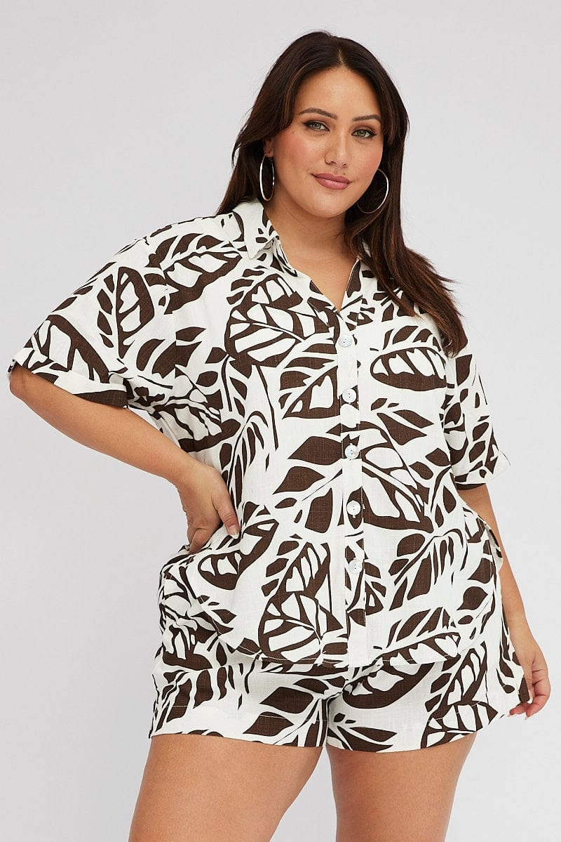 Chic Layer Brown Abstract Relaxed Shirt Short Sleeve