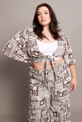 Sleek Outdoor Look Brown Abstract Tie Flare Sleeve Linen Blend Bolero Jacket
