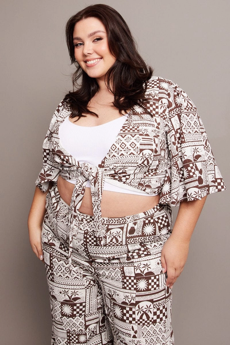 Brown Abstract Tie Flare Sleeve Linen Blend Bolero Jacket Laser Cut Airflow Vents