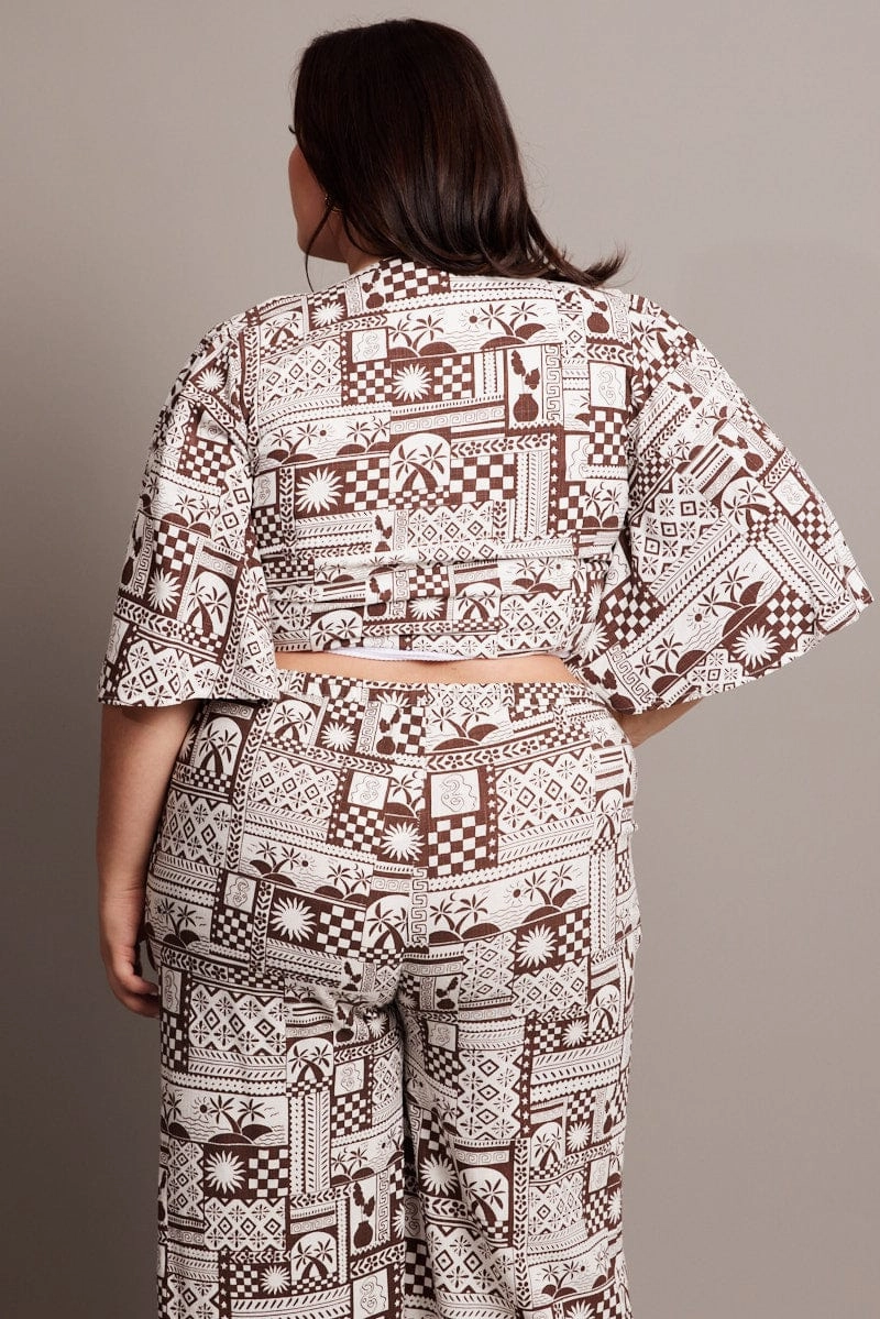 LowProfileStitching Brown Abstract Tie Flare Sleeve Linen Blend Bolero Jacket