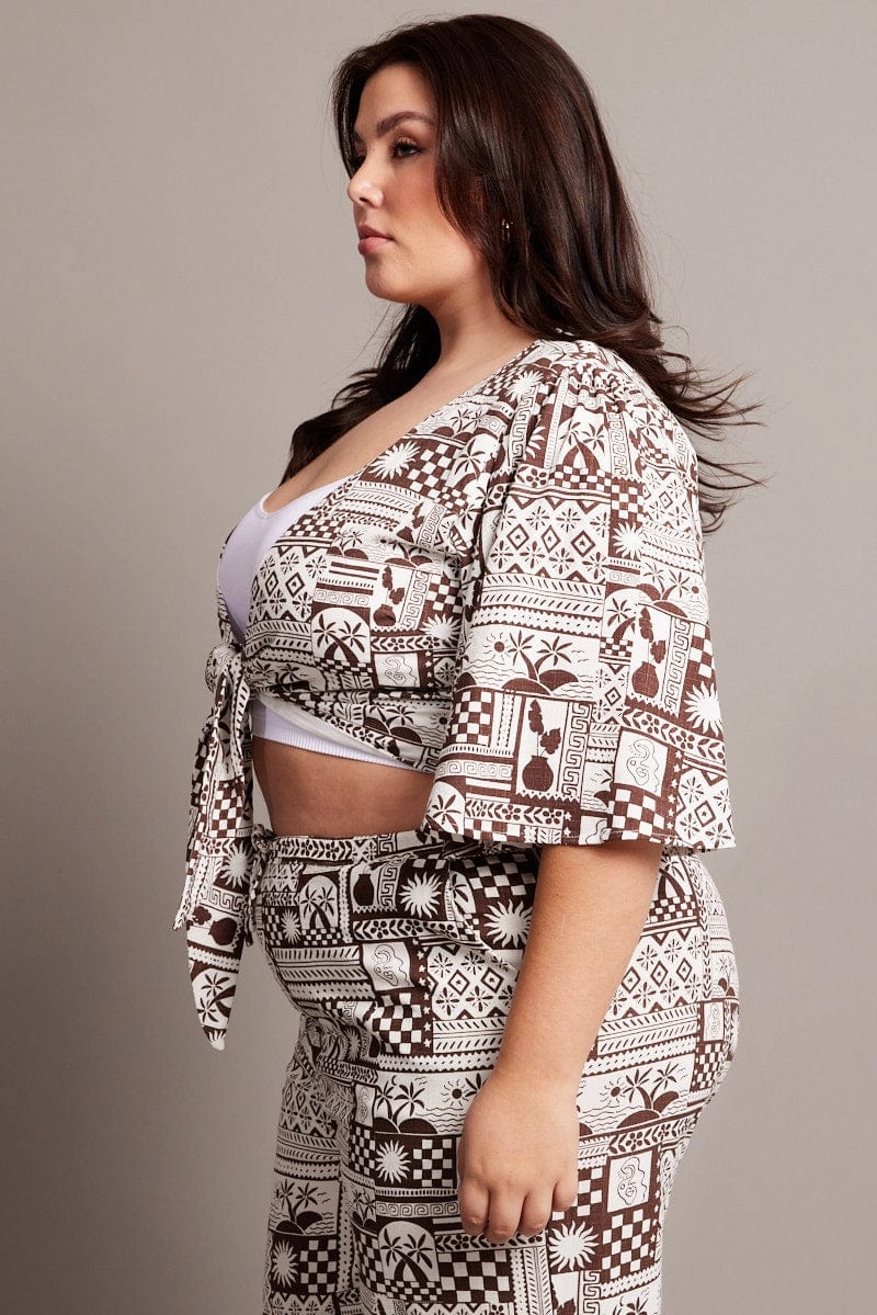 Brown Abstract Tie Flare Sleeve Linen Blend Bolero Jacket Articulated Ergonomic Fit