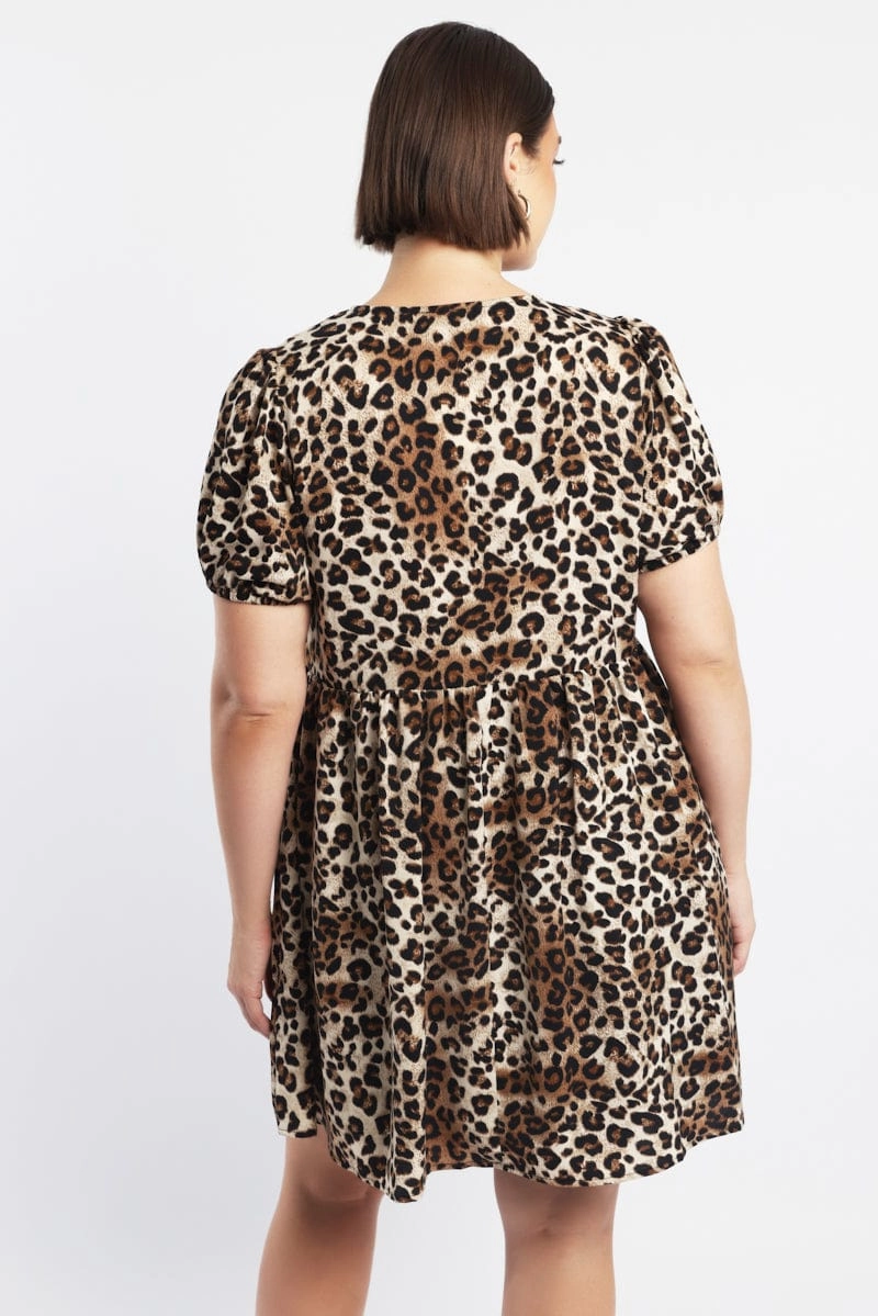 Brown Animal Print Contrast Bow Leopard Minidress Modern Appearance