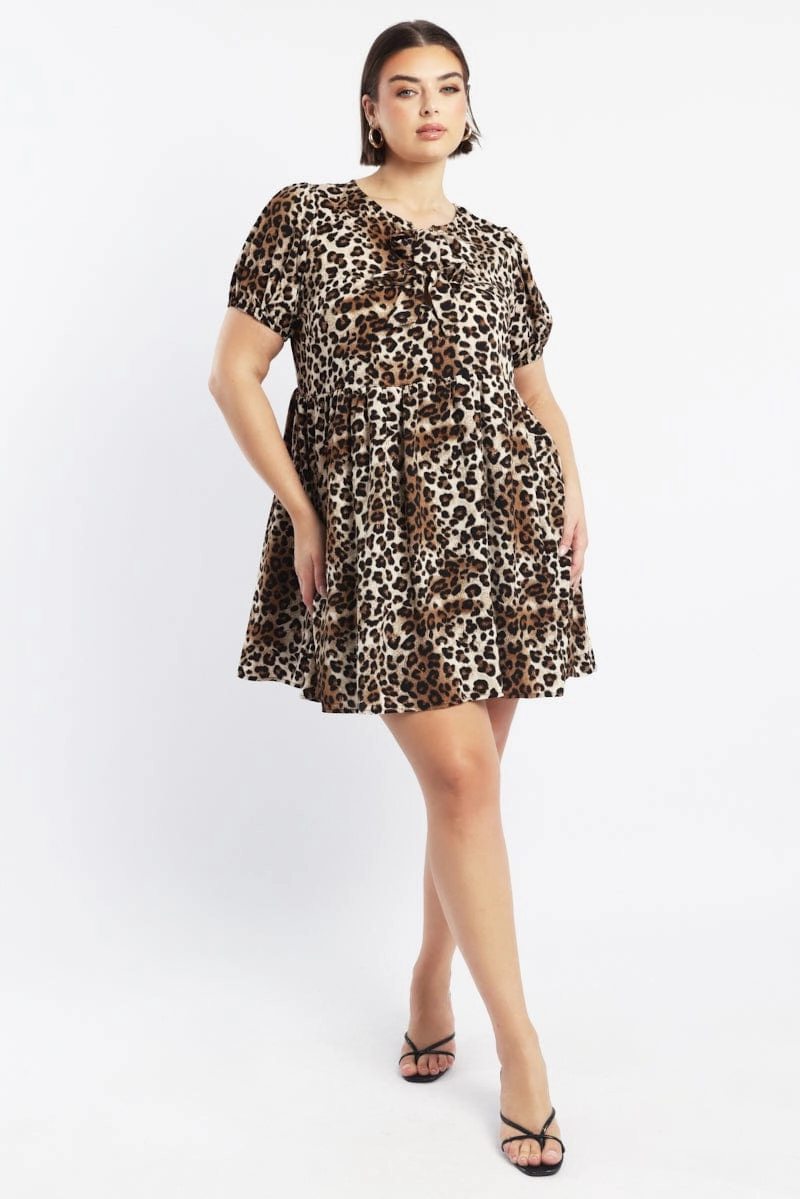 Clean Base Brown Animal Print Contrast Bow Leopard Minidress