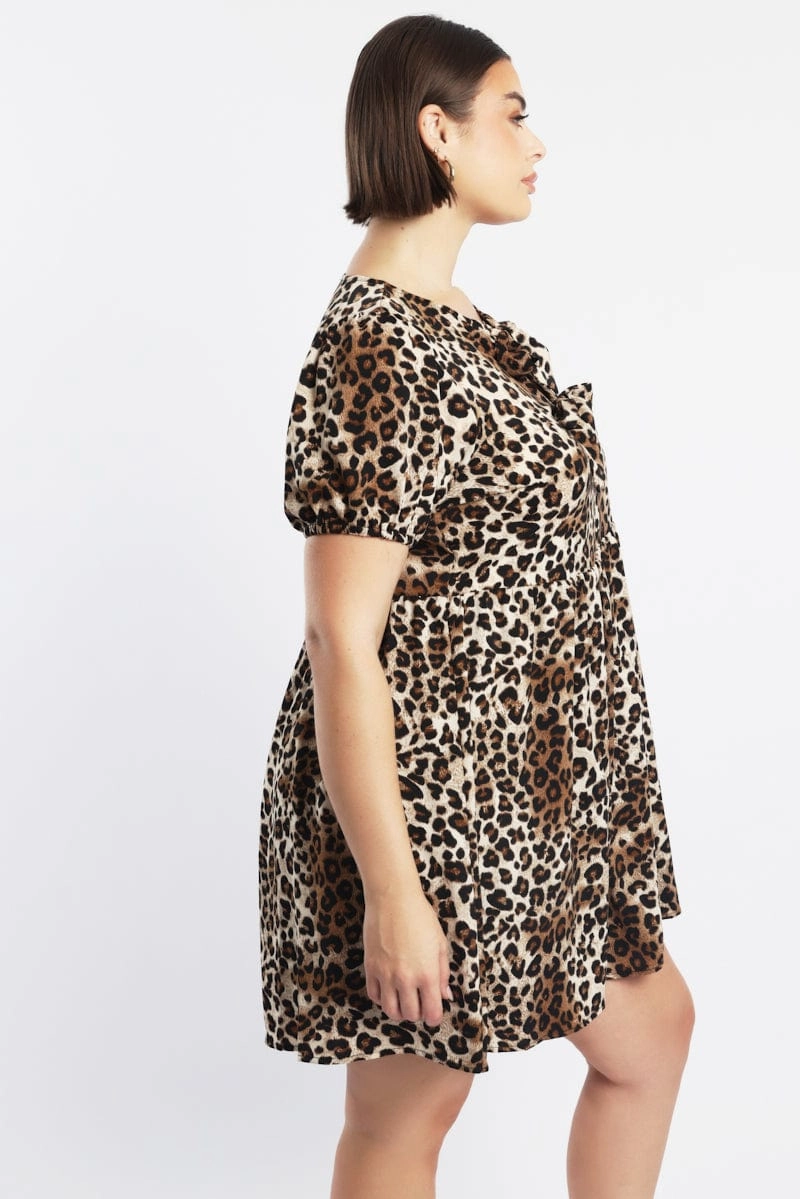 All Fit Style Fit Vibe Brown Animal Print Contrast Bow Leopard Minidress