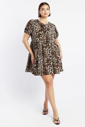 Clean Base Brown Animal Print Contrast Bow Leopard Minidress