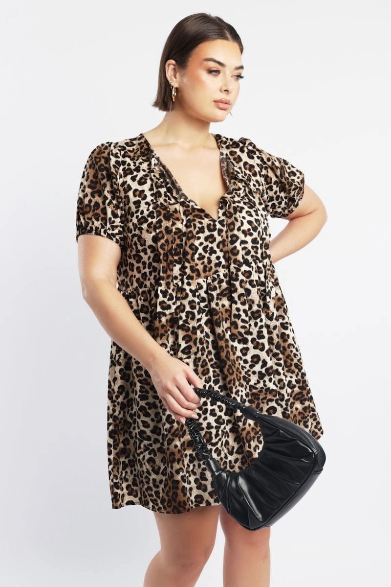 Brown Animal Print Contrast Bow Leopard Minidress Flattering Wearable