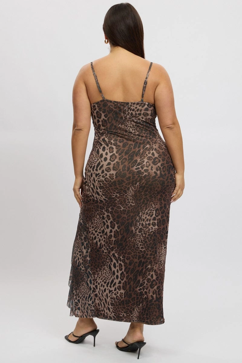 Brown Animal Print Frill Mesh Bodycon Maxidress Timeless office dress