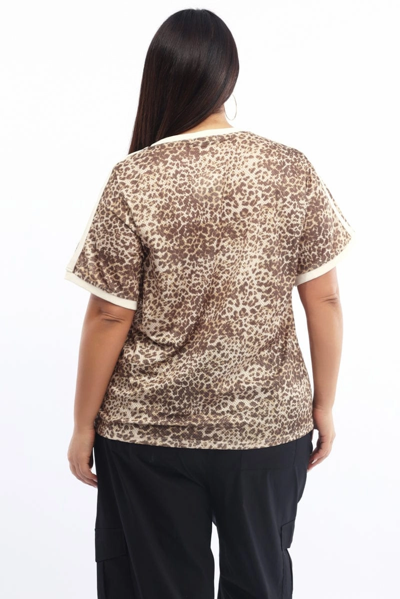 Active Trend Classic Look Brown Animal Print Graphic T Shirt Short Sleeve V  Neck