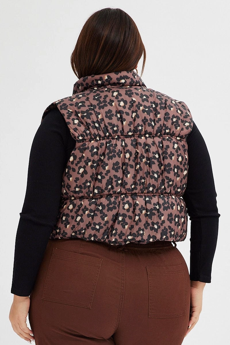Seasonal Trend Brown Animal Print Puffer Vest Crop Sleeveless Leopard