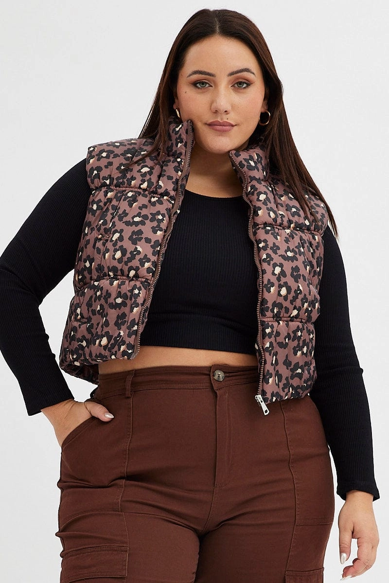 Brown Animal Print Puffer Vest Crop Sleeveless Leopard Hooded styles Ergonomic Shoulder Design