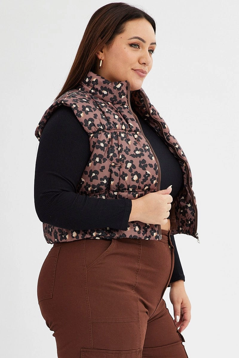 Lightweight Material Brown Animal Print Puffer Vest Crop Sleeveless Leopard