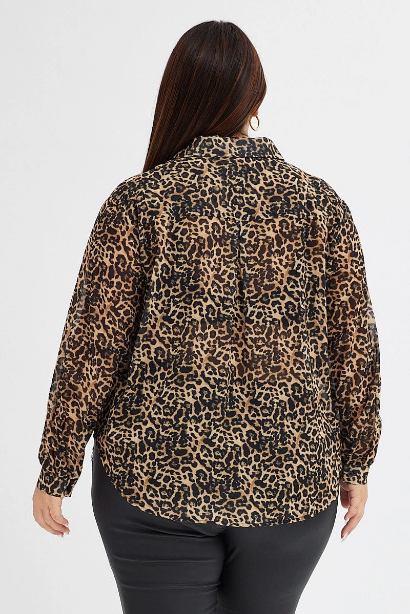 Brown Animal Print Relaxed Shirt Long Sleeve Chiffon Essential Fit