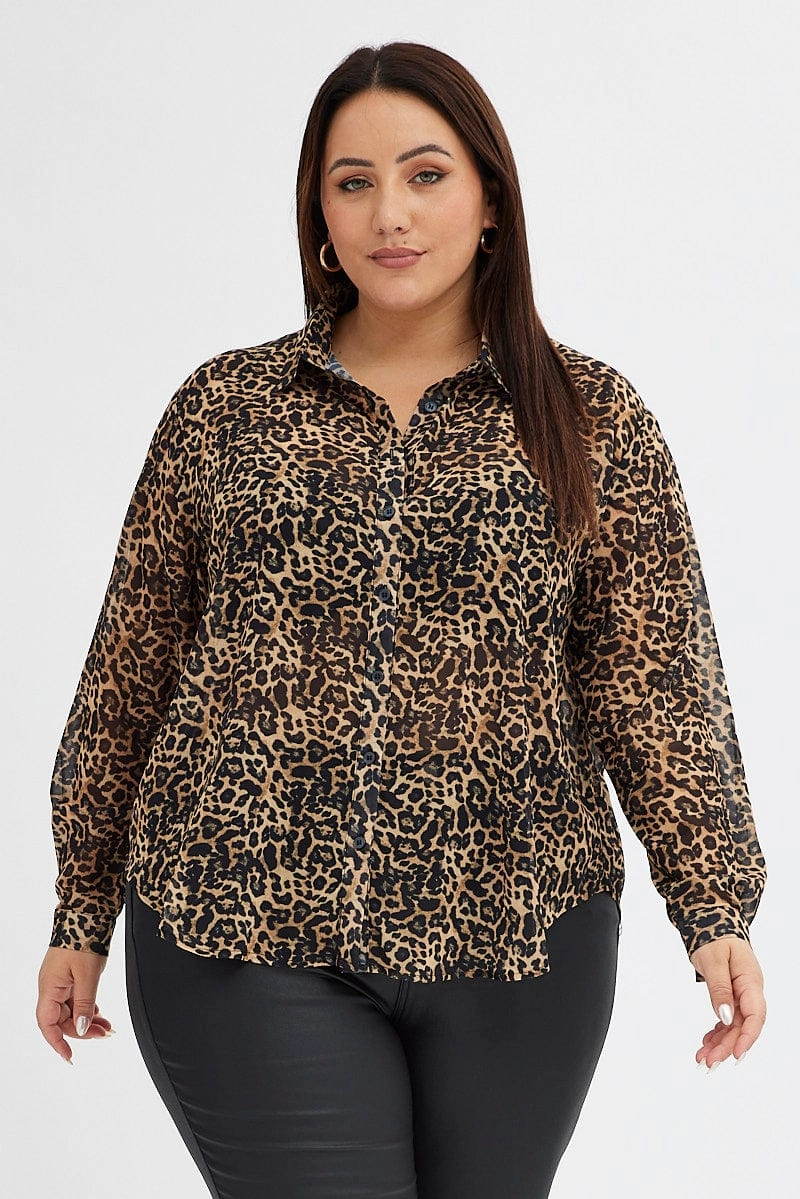 Embroidered Detail Brown Animal Print Relaxed Shirt Long Sleeve Chiffon