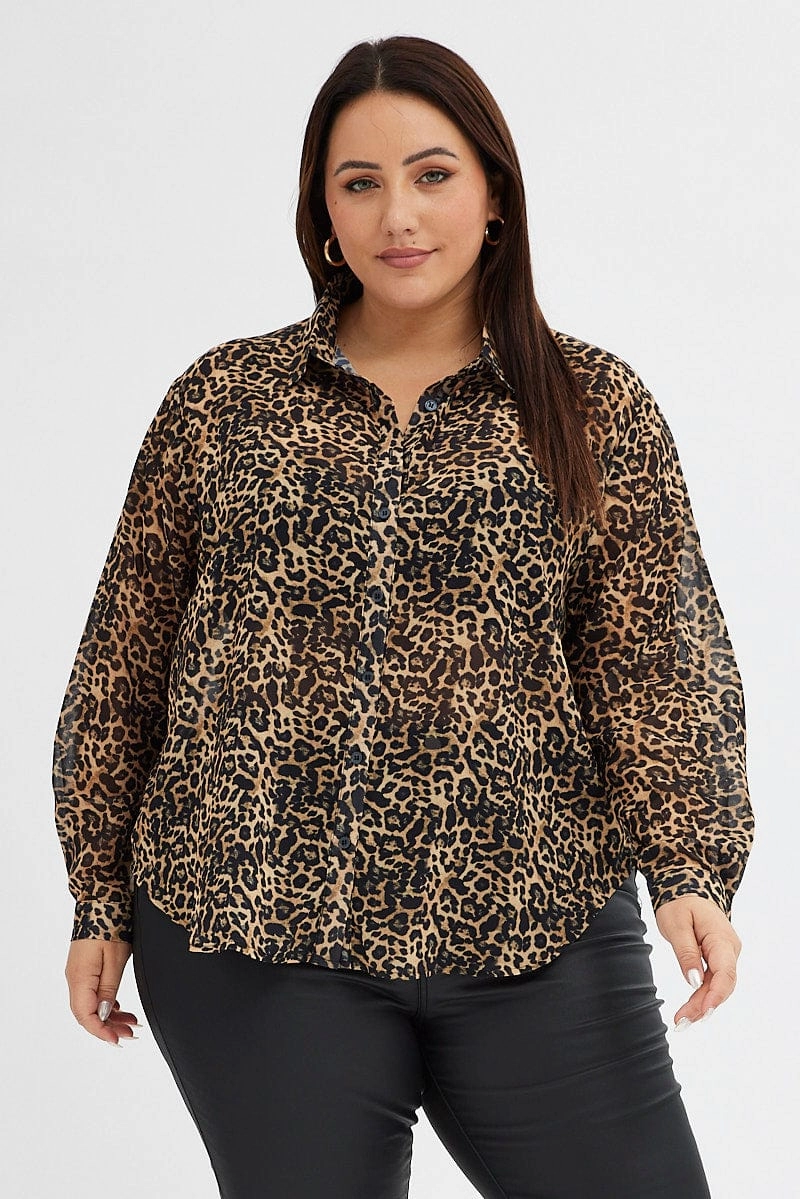 Brown Animal Print Relaxed Shirt Long Sleeve Chiffon Tuckable Hem