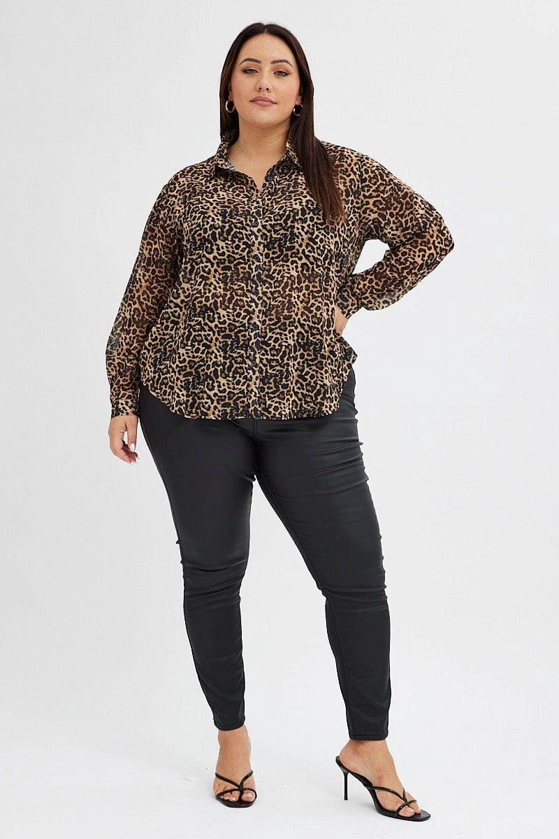 Brown Animal Print Relaxed Shirt Long Sleeve Chiffon Perfect Fit Reinforced Buttonholes