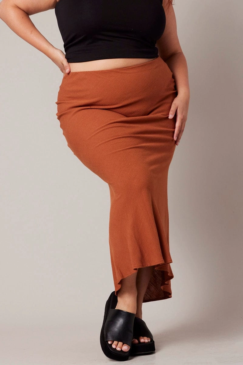 Brown Bias Linen Slip Maxi Skirt Biodegradable Fabric Flexible Waistband