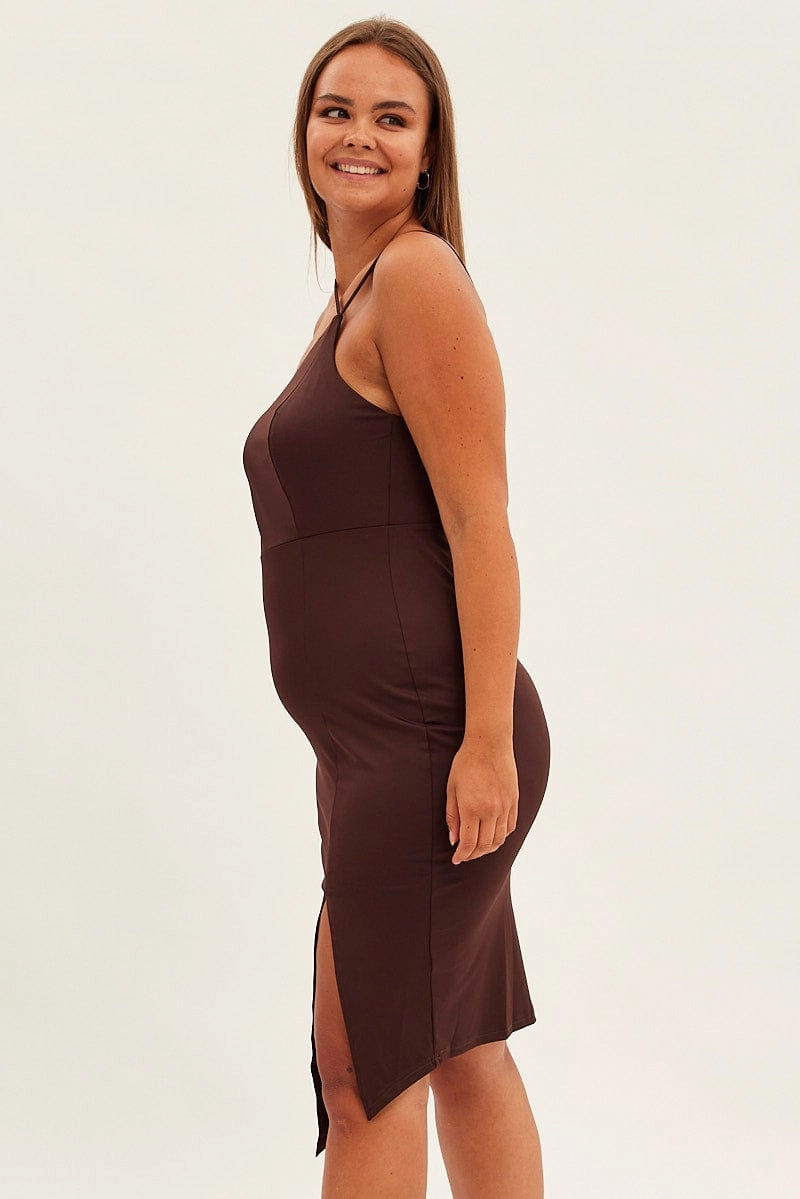Brown Bodycon Dress One Shoulder Jersey Ceremony Ready Off-Shoulder