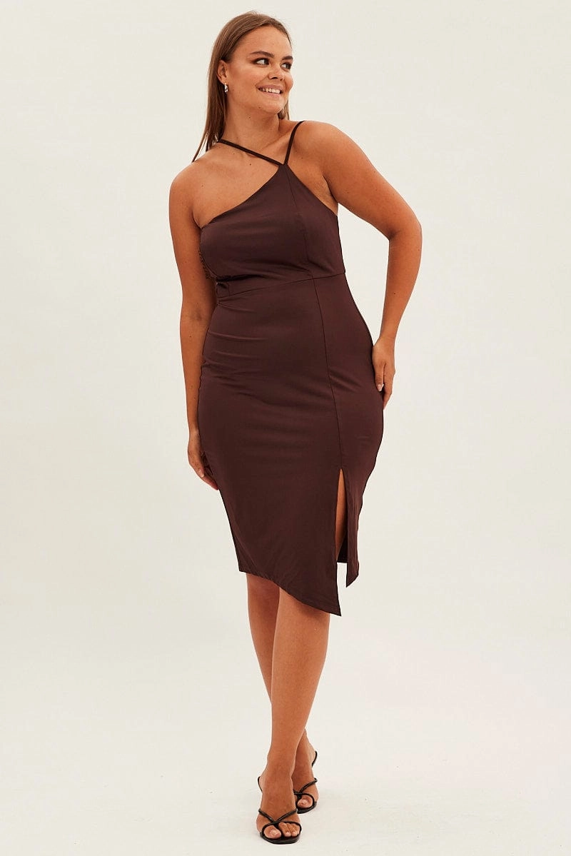 Feminine Tailoring Brown Bodycon Dress One Shoulder Jersey