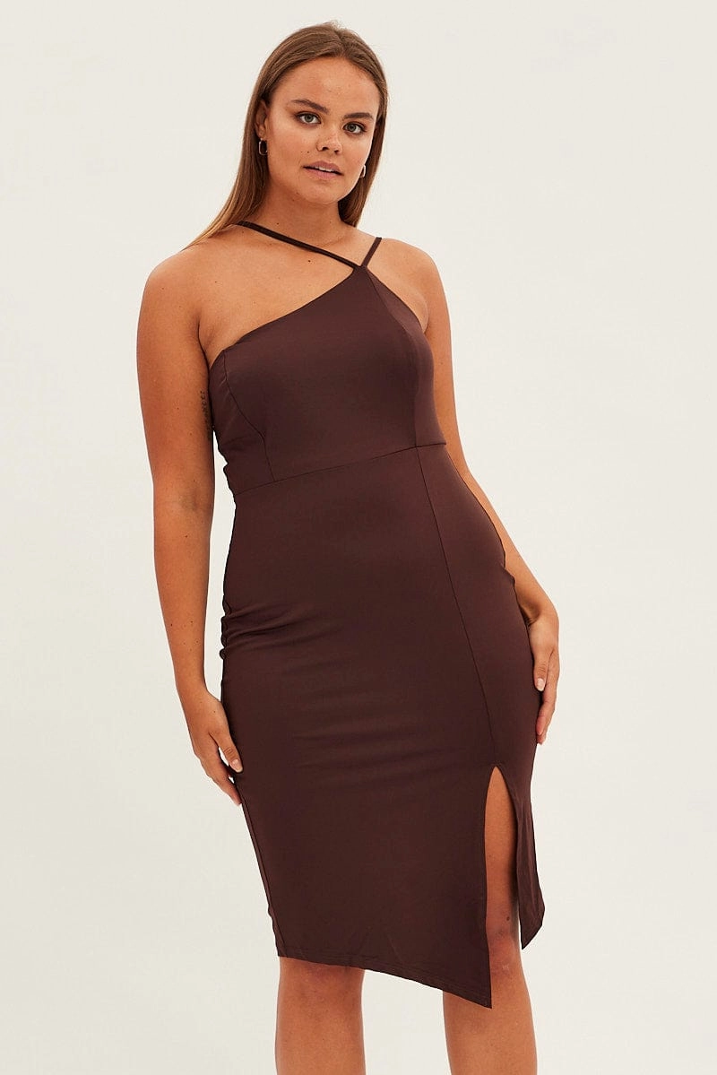 Brown Bodycon Dress One Shoulder Jersey Built-In-Slip