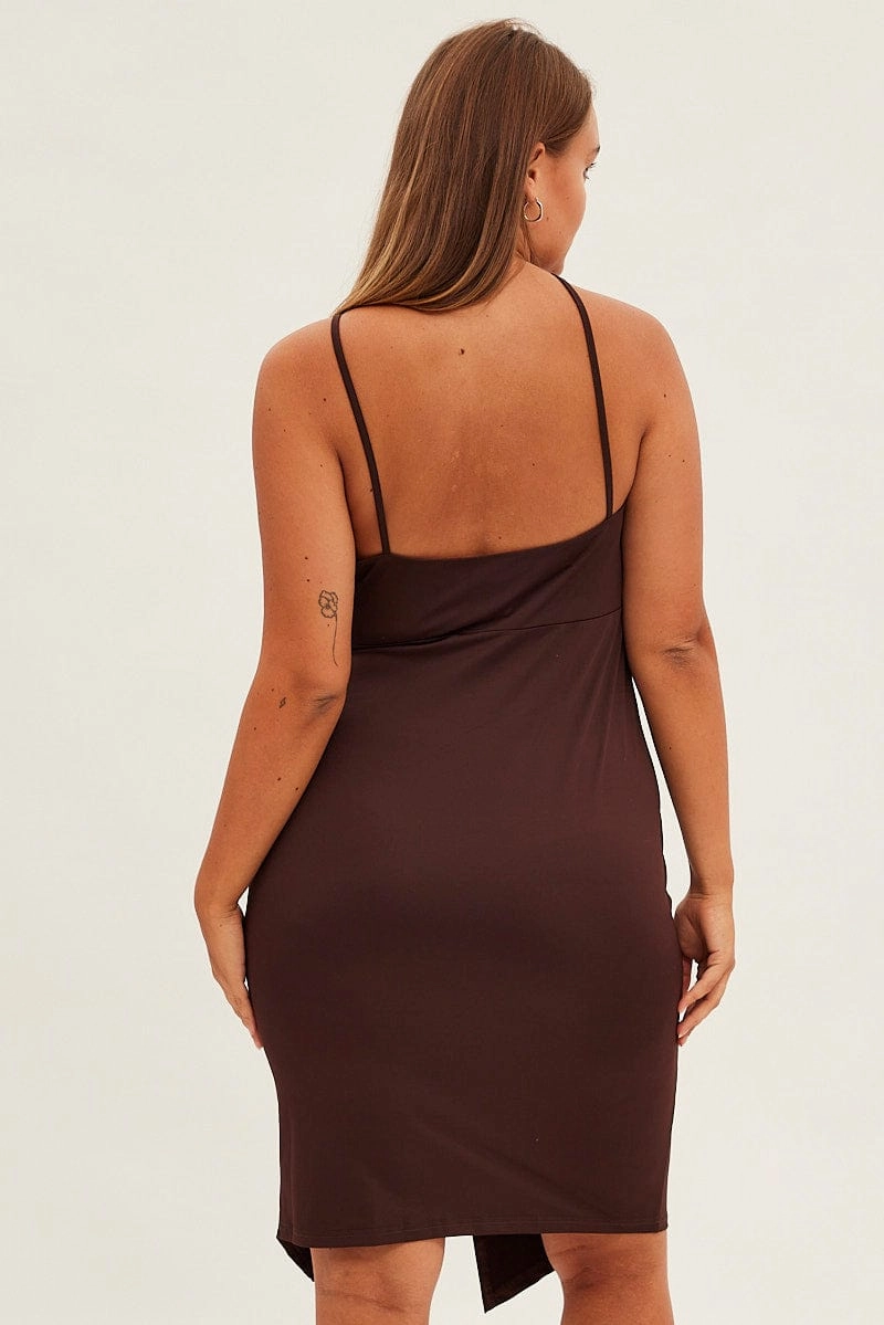 Brown Bodycon Dress One Shoulder Jersey Crisp Detail