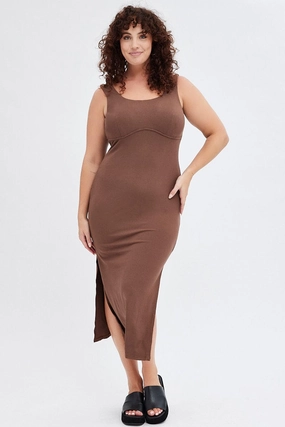 Elegant Detail Brown Bodycon Dress Rib Jersey Sleeveless Midi